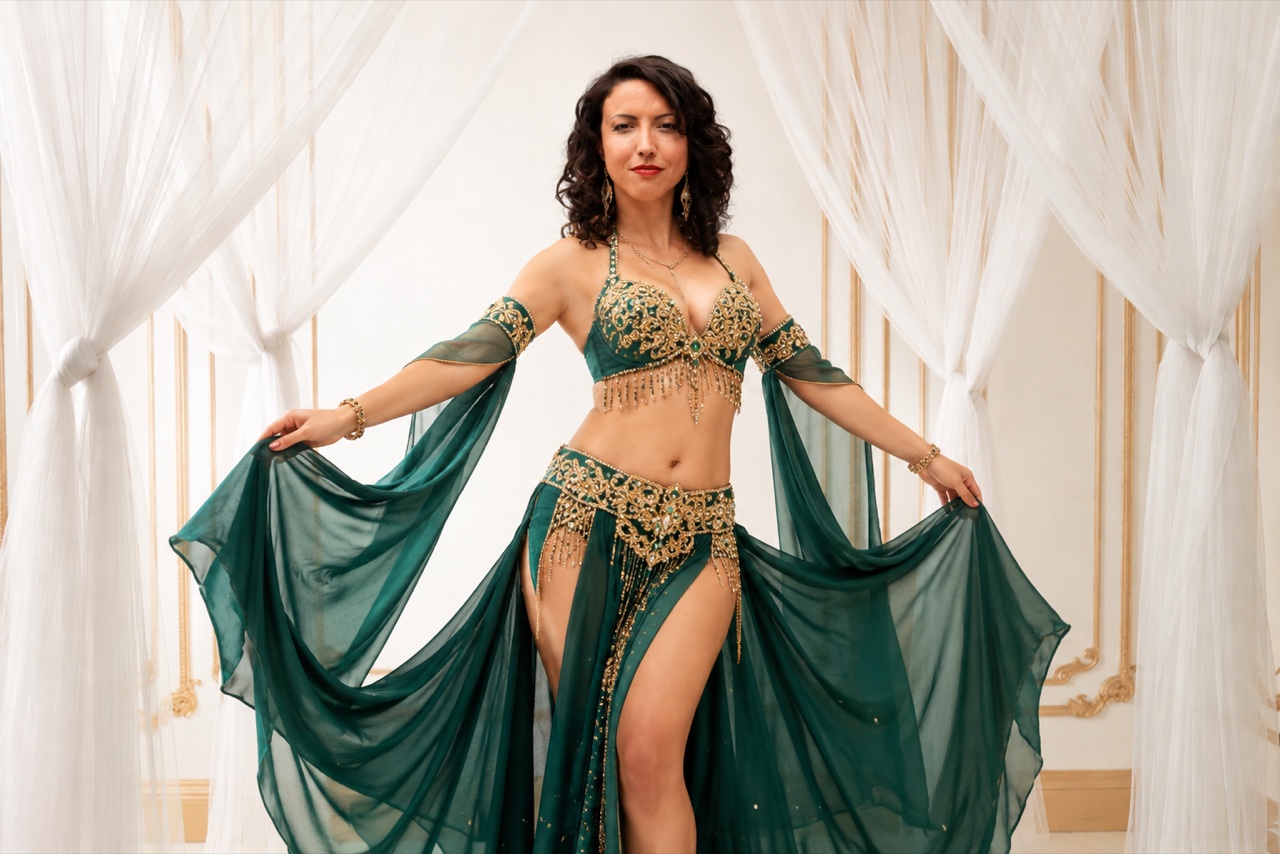 Victoria Bulla, belly dancer in Preston, in a softly lit room with white drapes
