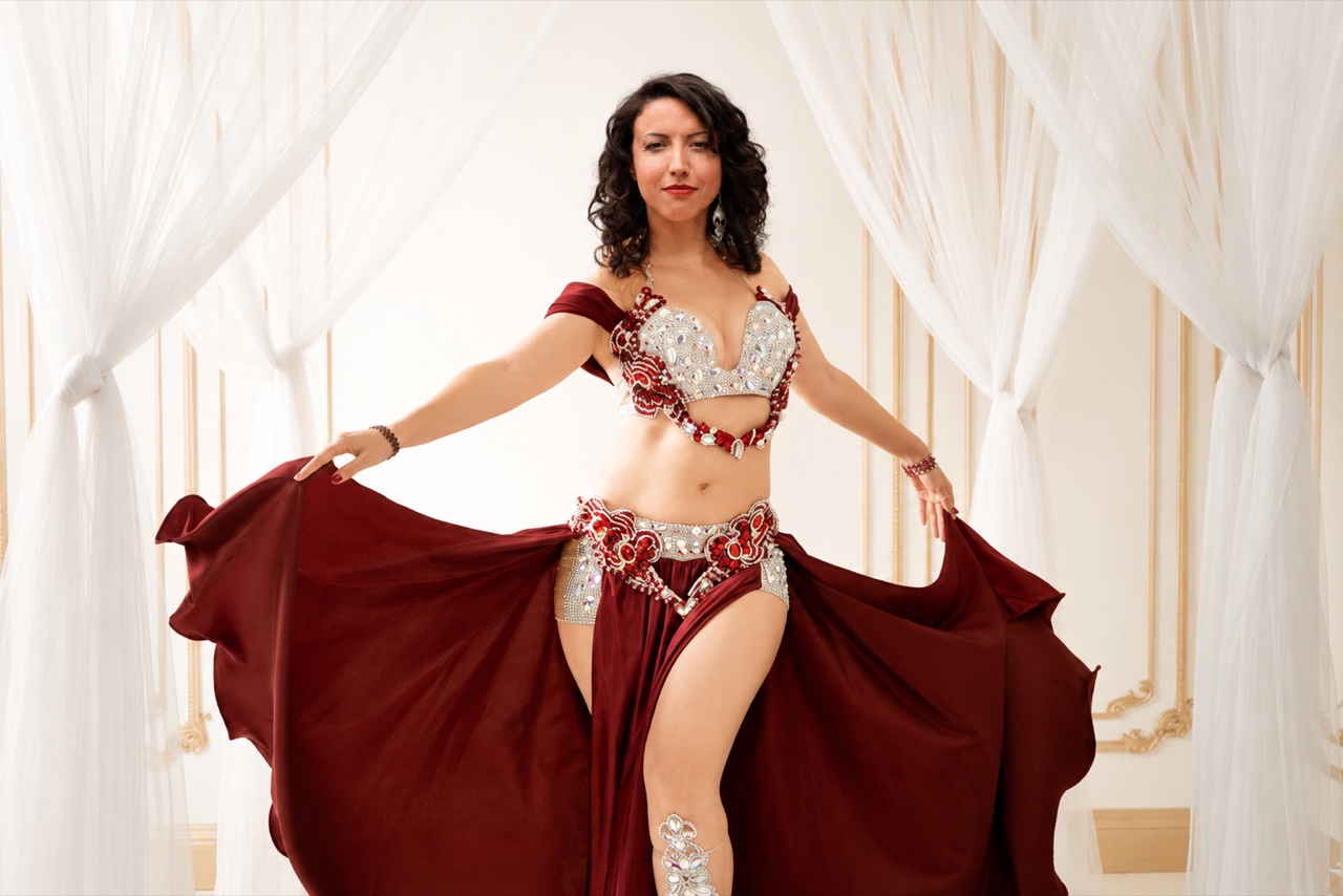 Victoria Bulla, professional belly dancer in Preston, in a burgundy costume